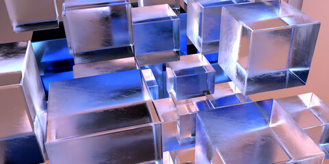 Transparent cubes pattern blue glass cube background geometric 3d crystals mockup