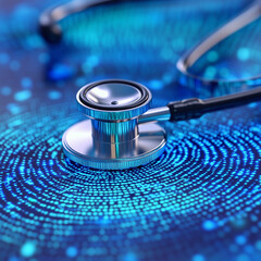  healthcare fraud detection and data analysis. A stethoscope lies over a glowing digital fingerprint background, symbolizing health technology, cybersecurity, and the intersection of medical systems w