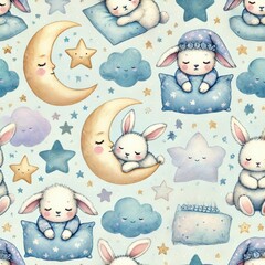 Bunnies sleeping on pillows, clouds and crescent moons surrounded by stars and dreamy sky elements. Seamless watercolor pattern with rabbits in night sky nursery scene.