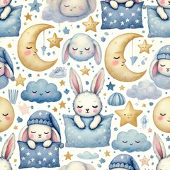 Sleeping bunnies with pillows, crescent moons, stars and clouds in dreamy night sky composition. Seamless watercolor pattern with rabbits in bedtime and nursery scene.