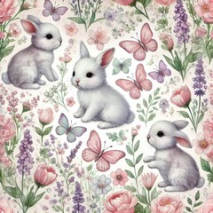 White baby rabbits among pink and purple spring flowers with butterflies on light background. Seamless watercolor pattern with bunnies, florals and flying insects.