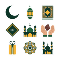 Fototapeta premium Nine Ramadan Icons Featuring Crescent Moon Lantern Mosque Gift Dates and Geometric Designs