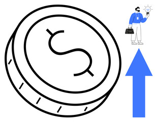 Dollar coin alongside a businessman holding a lightbulb, symbolizing ideas and innovation, paired with an upward arrow. Ideal for finance, investment, growth, innovation, business ideas