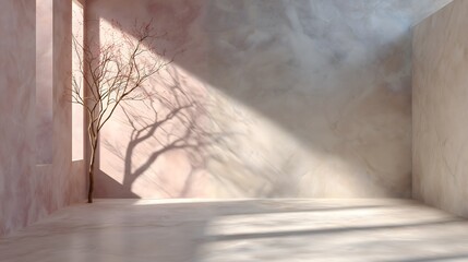 Tree shadow on concrete wall, Minimalist space with natural sunlight, Abstract play of light and shadow, Bare tree in a serene setting.