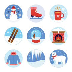 Nine Winter Icons Featuring Snowman Ice Skate Mug Skis Snow Globe Fireplace Coat Icicles Polar Bear