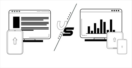 Flat illustration showing upload vs download icons on connected devices.