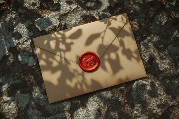 Rustic kraft paper envelope sealed with a red wax seal featuring a bird motif resting on textured stone