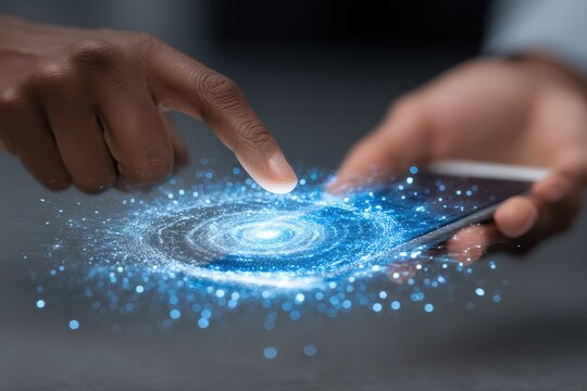 Man using futuristic technology on smartphone