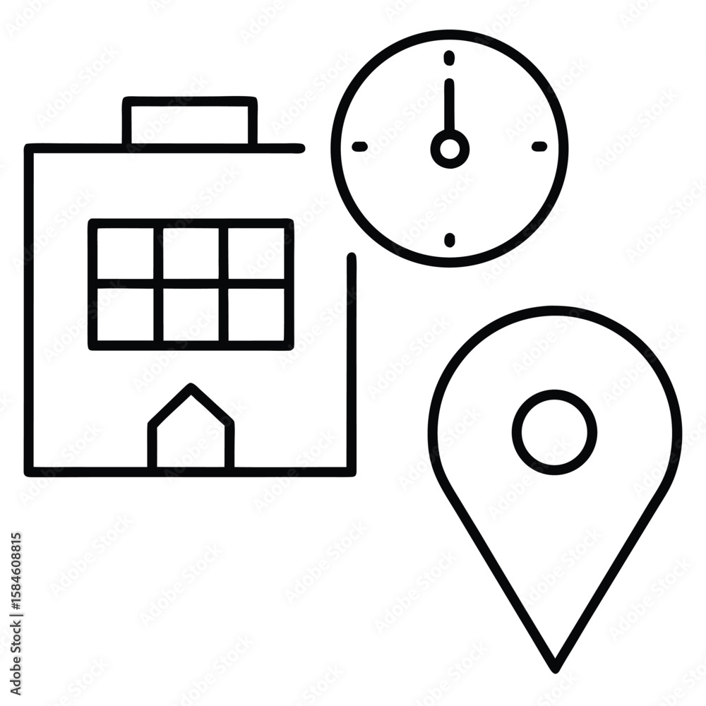 Poster simple line art icons representing a building a clock and a location pin