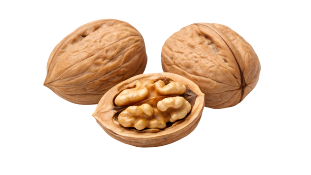 three walnuts in shells one halved revealing the nut inside on a white background isolated on white background 77031422 1