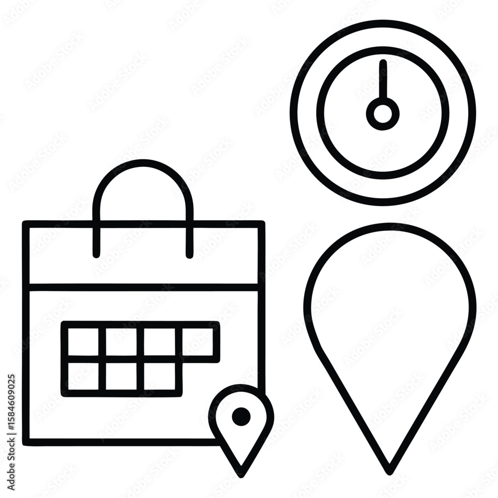 Poster calendar clock and location pin icons representing scheduling and travel planning