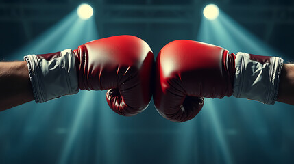 Two boxing gloves clashing in the center, with ample copyspace for adding text. Ideal for a fight night poster, showcasing the intense moment before a boxing match between opponents