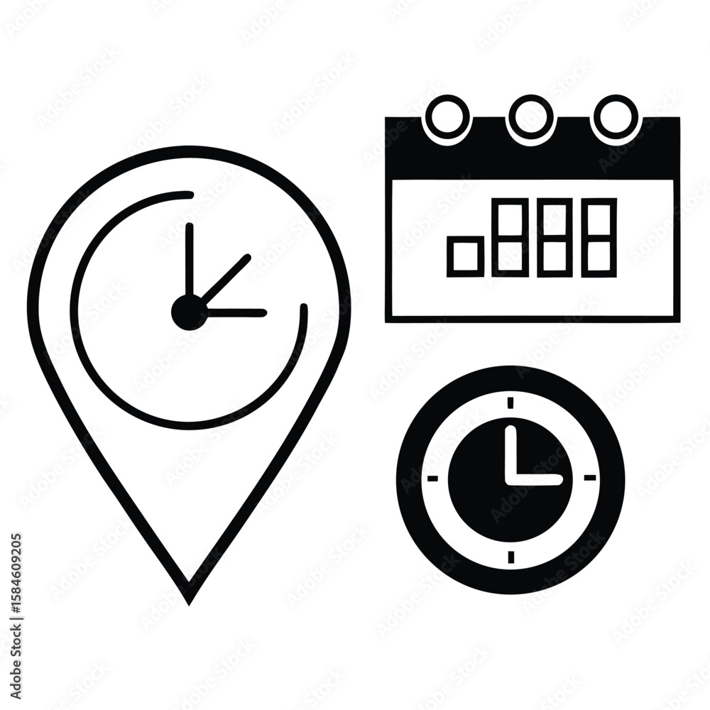 Poster collection of stylized icons representing time location and scheduling on a white background