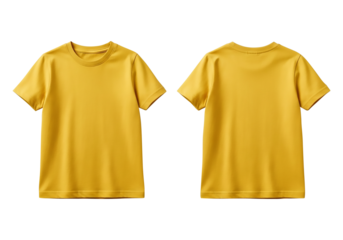 Front and back view of yellow kids t-shirt isolated on white background for clothing design and fashion templates