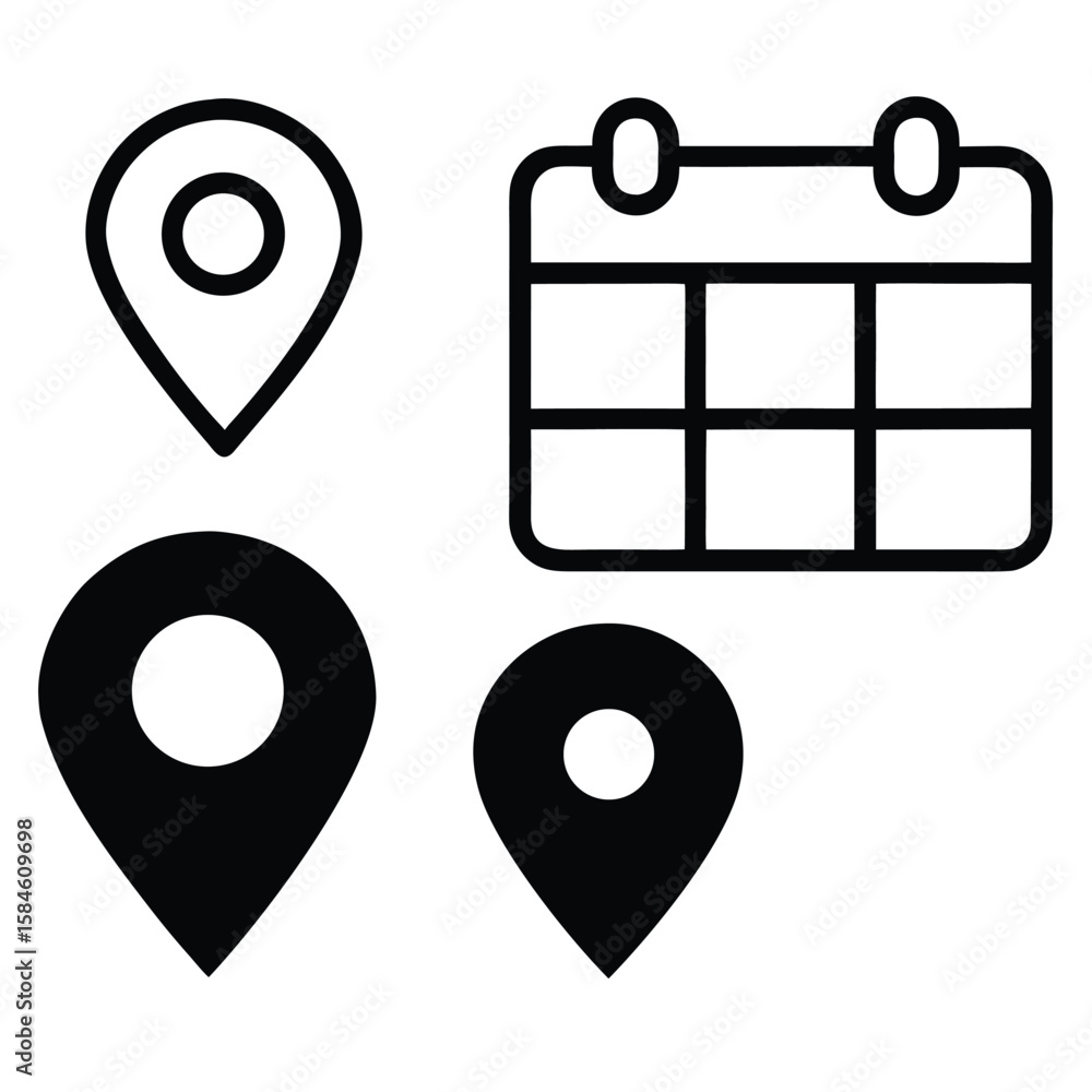 Poster calendar and location pointers icons representing planning and navigation