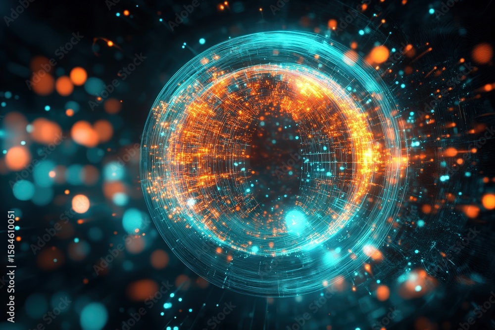 Poster abstract design with glowing concentric circles and particles.
