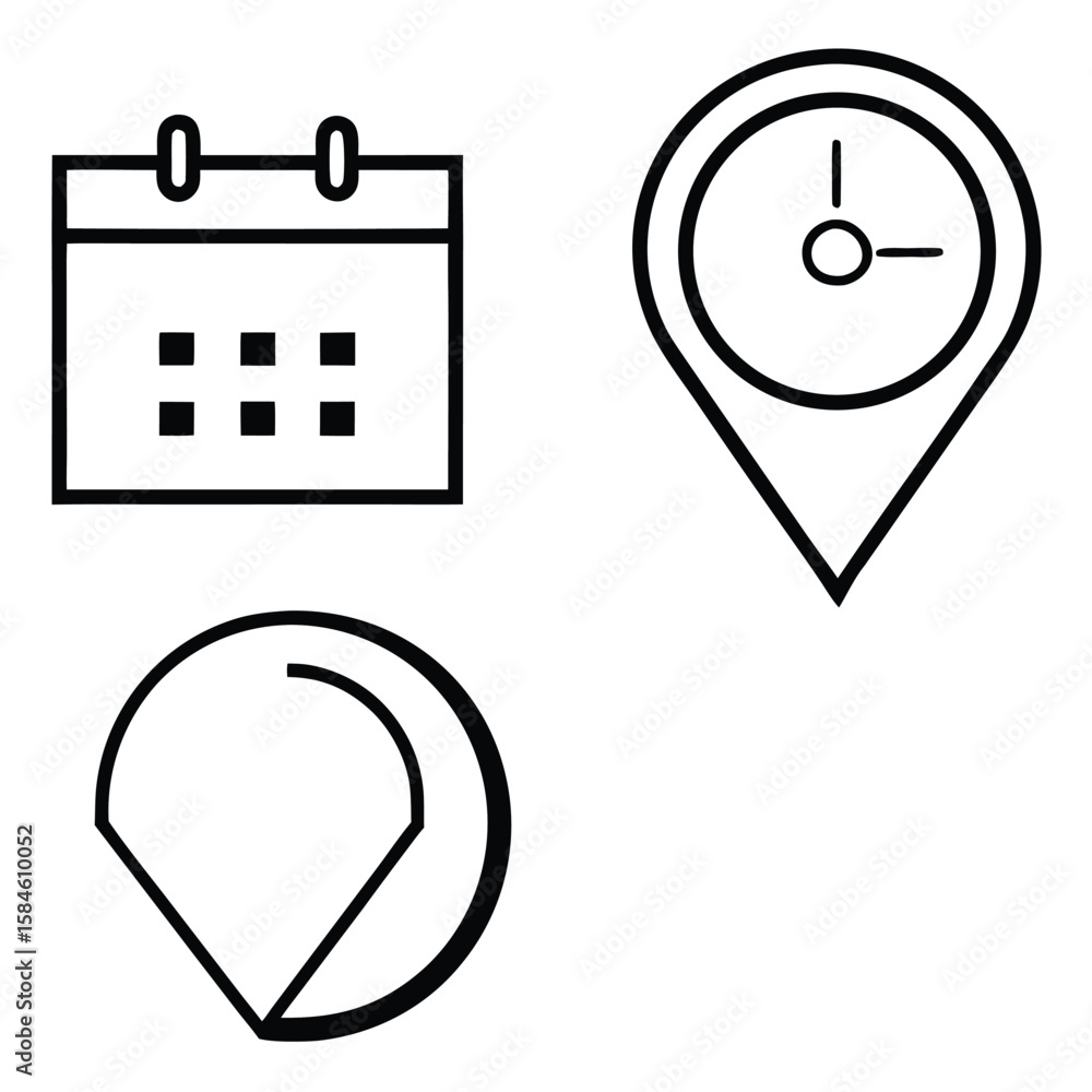 Poster calendar clock and location pin icons representing scheduling and planning