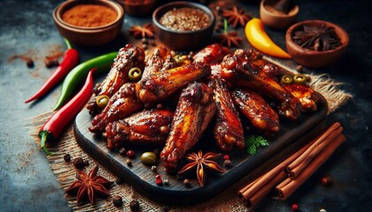 Jerk Chicken Wings Burnished mahogany chicken wings rubbed with