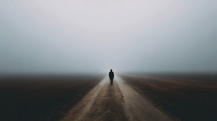 Lone figure walks down a dirt road disappearing into thick fog and mist creating a sense of mystery and isolation