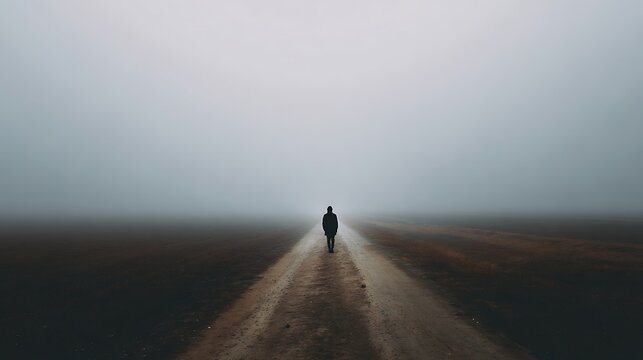 Lone figure walks down a dirt road disappearing into thick fog and mist creating a sense of mystery and isolation - Powered by Adobe