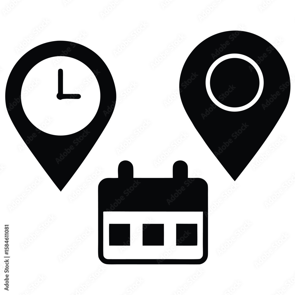 Poster calendar clock and location pointers icons representing time and place
