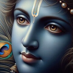 Captivating oil painting depicts Krishna’s serene face with soulful eyes, vibrant blue skin, and an elegant peacock feather adorning his head.