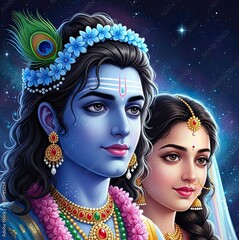 A serene portrayal of Krishna and Radha adorned with regal attire, exquisite jewelry, and expressions of divine love reflecting spiritual devotion.