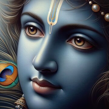 Captivating oil painting depicts Krishna&rsquo;s serene face with soulful eyes, vibrant blue skin, and an elegant peacock feather adorning his head.