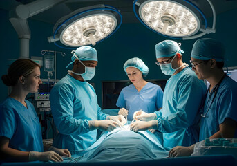 Wide-angle capture of a modern operating room at twilight, a surgical team featuring an Indigenous Australian male doctor, a Caucasian female nurse, and an Asian male anesthesiologist focus