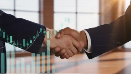 A close-up captures a business deal, two hands clasped in a powerful handshake. The shot is set with financial data in the background that creates a sense of collaboration, trust, and new business. - Powered by Adobe