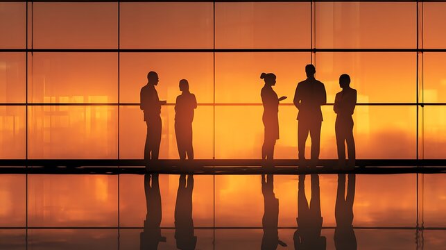Diverse business professionals in silhouette converse and stand thoughtfully against a vibrant orange sunset sky viewed through a modern office building s glass facade