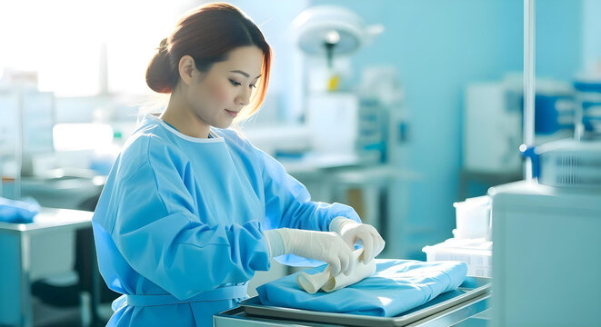 Mid-shot of a Half-Asian, European nurse with dark hair meticulously preparing a sterile gown and gloves on a stainless steel tray table in a quiet, brightly lit workspace, photography style image