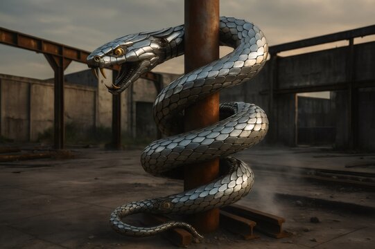 Metallic snake wrapping around rusty pole in abandoned industrial area
