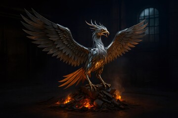Majestic metal phoenix rising from ashes in dark room