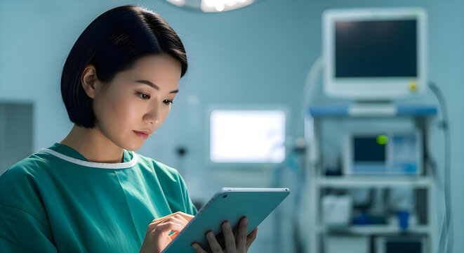 A Half-Asian European Nurse with short black hair, wearing green surgical gown, meticulously checking patient records on a digital tablet in a modern, sterile surgical room with advanced monitoring eq