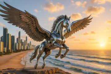 Majestic metallic pegasus spreading its wings over Gold Coast at sunrise