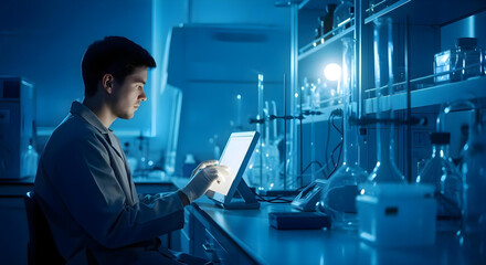 A half-Asian, European male technician with short brown hair, wearing a gray lab coat and gloves, entering data on a digital screen in a laboratory with blue-toned lighting, seen during a nighttime ex