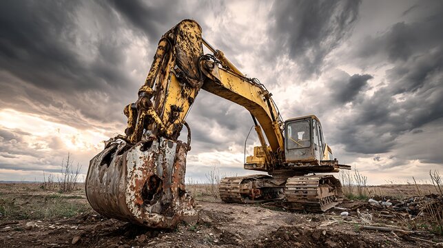 Abandoned yellow excavator with a heavily damaged bucket sits in a desolate junkyard under a dramatic cloudy sky