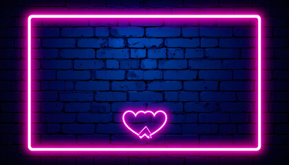 Neon pink rectangle frame with hearts on blue brick wall background for valentine's day theme design