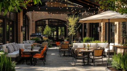 Obraz premium Cozy Outdoor Dining Area with Modern Seating and Warm Lighting