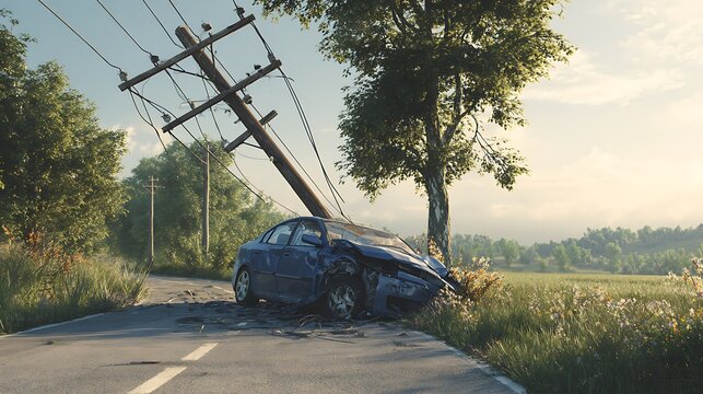 Damaged blue car crashed into a leaning utility pole with downed wires on a rural road surrounded by trees and fields