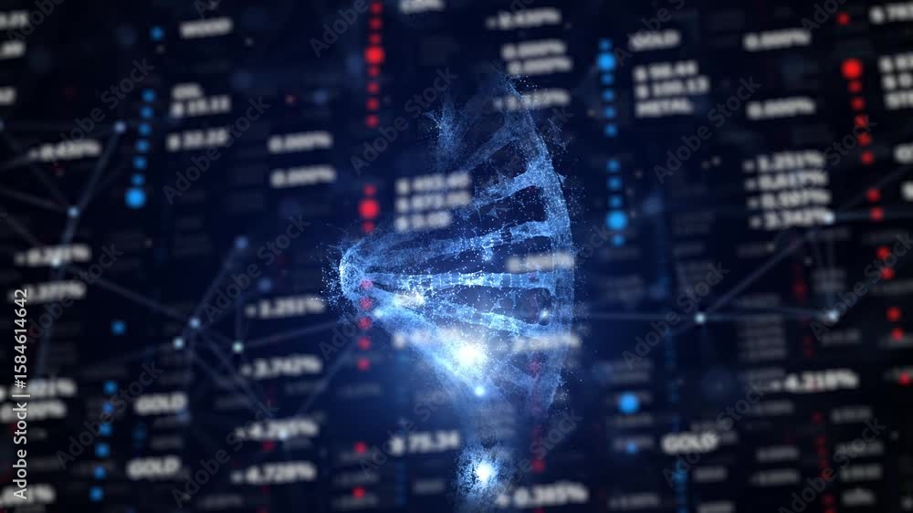 Poster futurstic digital dna chain rotation on blurred numeric business data background.