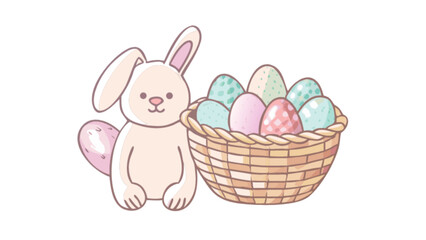 Cute easter bunny with basket full of colorful easter eggs for easter holiday celebration vector graphic