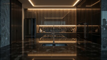 Modern kitchen with dark cabinets and marble countertops.