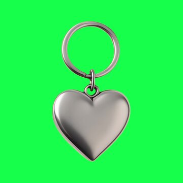 Silver heart keychain animation, transparent 4K video, green screen