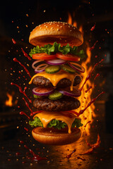 Epic Flying Cheeseburger with Exploding Ingredients and Fiery Background