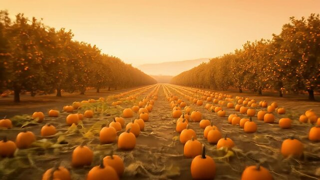 Pumpkin patch autumn landscape: A vast pumpkin patch stretches towards the horizon under a warm, golden sunset, with lines of trees lining the path, creating a picturesque scene for the fall season.