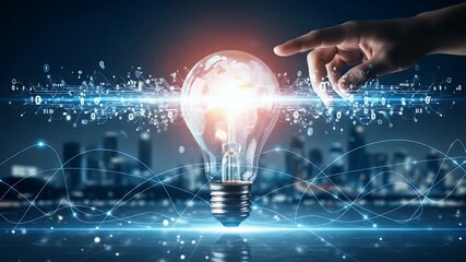 Glowing lightbulb with world map illuminated by digital circuitry and finger - Powered by Adobe