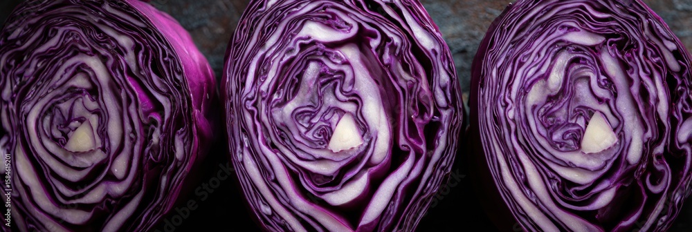 Poster sliced red cabbage arranged in a natural mandala pattern with an open top section showcasing vibrant