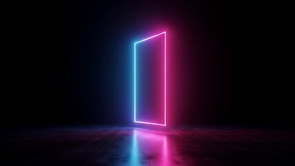 Neon square portal in a dark reflective space - Powered by Adobe